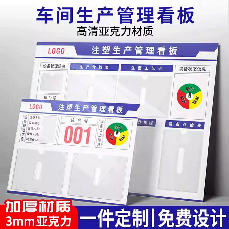 注塑工厂生产车间标识牌看板公示栏亚克力卡槽设备运行状态管理维