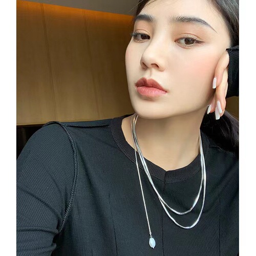 Fashion OL Autumn/Winter Long Square Snakelike Chain Copper Plated Gold Simple Elegant Double Layer Overlapping Strap Personalized Sweater Chain Necklace