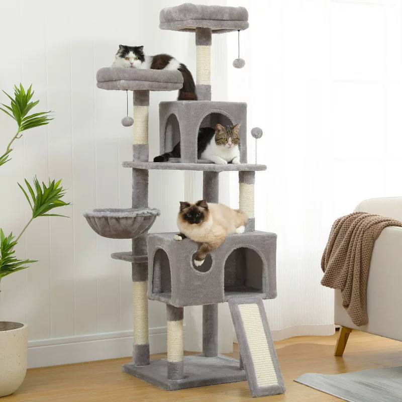 Multi‑level cat tree, plush cozy condo with scratching posts and hanging toys, multiple color codes