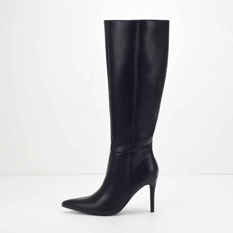 Foreign Trade Simple and Sexy American Original Large Size Black Leather Pointed Toe Stiletto High Heel Single Lining High Knee Boots for Women Foreign Trade Simple and Sexy American Original Large Size Black Leather Pointed Toe Stiletto High Heel Single Lining High Knee Boots for Women