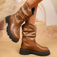 骑士靴女薄款亚马逊烟筒靴拼接圆头外贸中筒大码女式皮靴厚底欧美