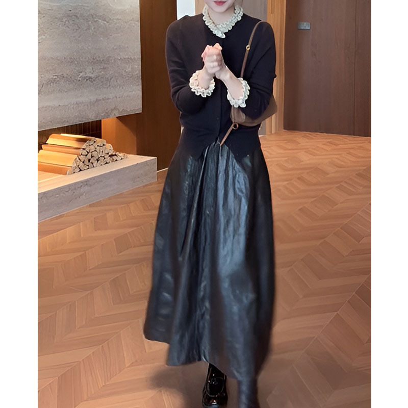 韩系慵懒风长袖针织开衫女2025秋季新款设计感木耳边拼接修身上衣|undefined