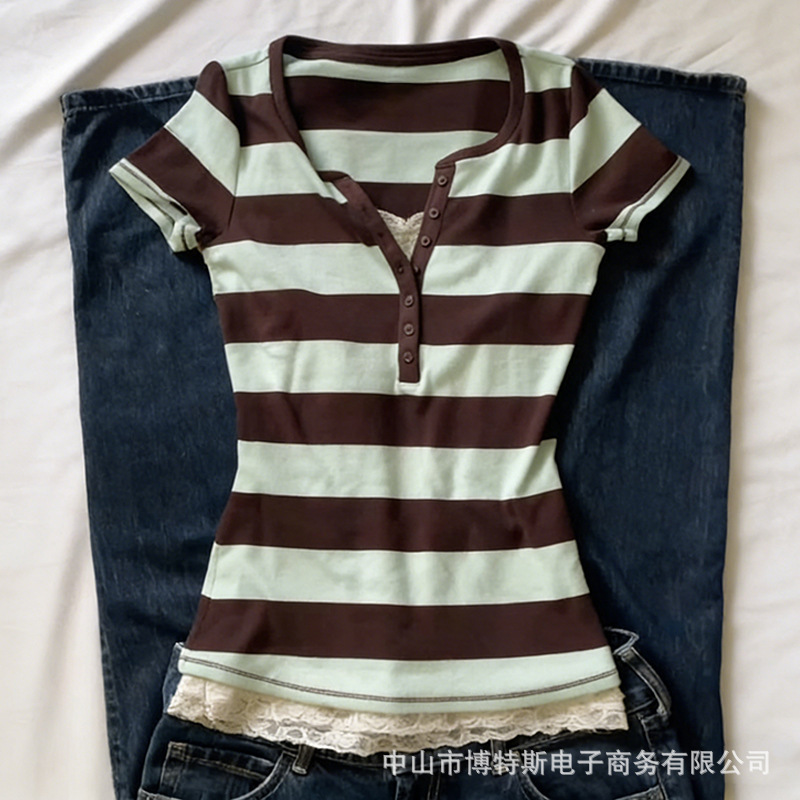 Summer Retro Color-Block Striped Lace Slim-Fit Casual Versatile Slimming Fake Two-Piece Short-Sleeve Cropped T-Shirt Top Summer Retro Color-Block Striped Lace Slim-Fit Casual Versatile Slimming Fake Two-Piece Short-Sleeve Cropped T-Shirt Top