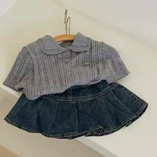 Girls Summer suit New Korean Style Girl Baby Girl Chanel Doll Collar Sweater Denim Skirt 500237