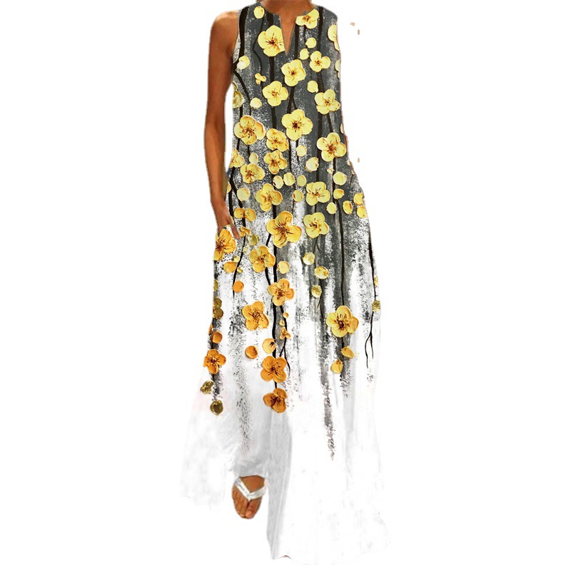 Robe longue sexy sans manches imprimée multicolore à col en V, style rétro européen et américain, collection été 2026_voghion.com