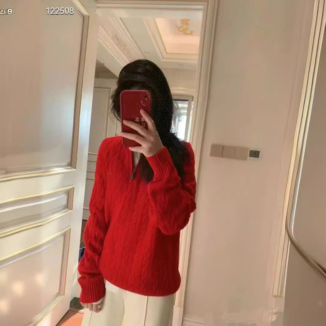 RL拉夫小马标男女同款慵懒风针织羊毛版本半拉链羊毛衫女绞毛衣