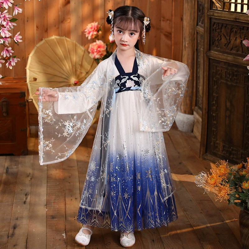 Весенне-осенний детский старинный костюм Hanfu, платье с супер-бессмертной юбкой для девочек, 12-летняя принцесса, в китайском летнем стиле