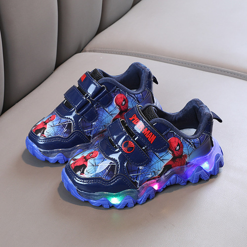 Spider-Man Light Up Shoes  Spring and Autumn Leather Luminous Boys' Sports Shoes Small and Medium-sized Boys' Shoes Foreign Trade Trend