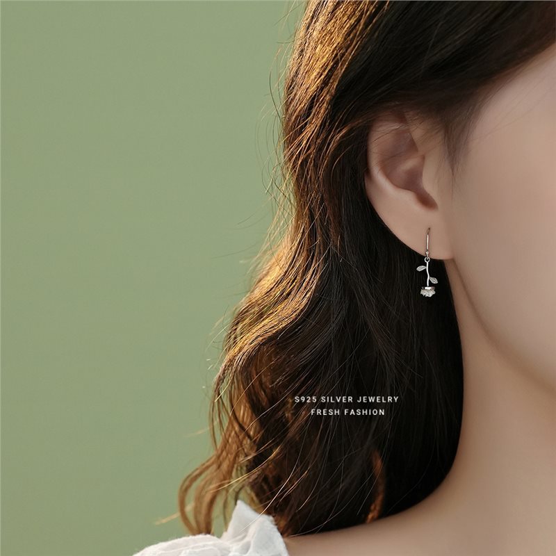 Rose Drop Earrings In Pure Silver For Women Forest Style Studs_voghion.com