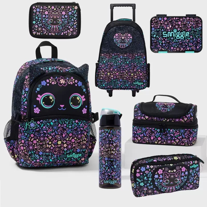 Nuevo australiano smiggle dibujos animados gato negro con ruedas mochila escolar escuela primaria mochila bolsa de comida de gran capacidad juego de lonchera