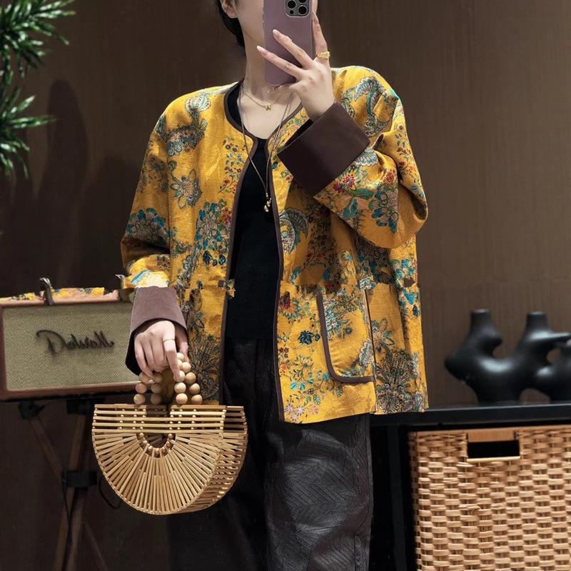 老钱真丝亚麻撞色提花外套姜黄底色复古提花撞色袖口宽松显瘦上衣|undefined