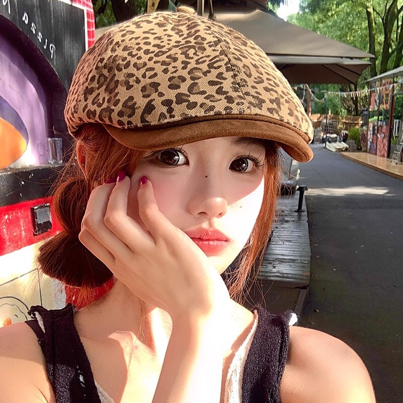 复古豹纹前进帽女美式辣妹风显脸小贝雷帽个性百搭大头围鸭舌帽子|undefined