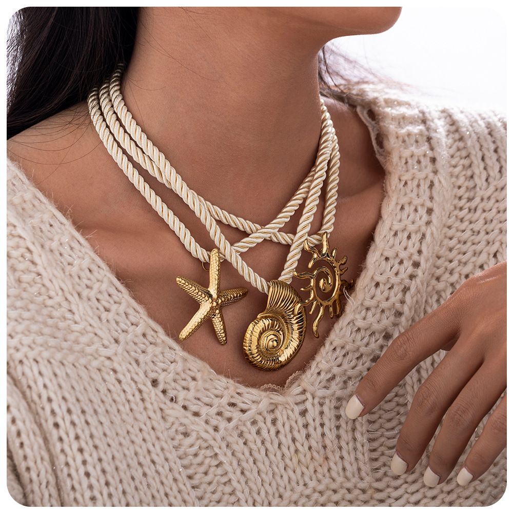 Cord String Chain Type Ion Plating (IP) 18K Gold Real Gold Plated Sun Starfish Conch 304 Stainless Steel Vacation Marine Style Waterproof Non Tarnish 304 Stainless Steel Lobster Trigger Clasp Closure Pendant Necklace