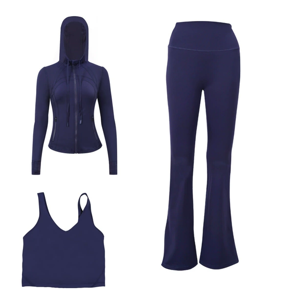 Jacket with hood, vest, flared trousers