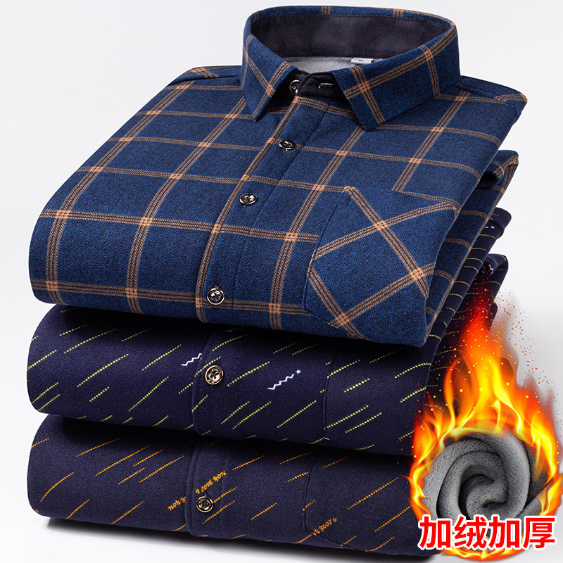 Factory Direct Sales Warm Shirt Men's Winter Velvet Thickened Middle-Aged Plaid Long-Sleeved Shirt Plus Fat Plus Size