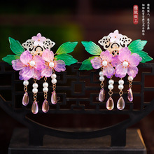 古风汉服发饰甜美粉色琉璃花朵发夹女孩百搭气质对夹发卡拍照配饰