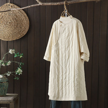 轻中式夹棉旗袍原创茶服斜襟加厚棉服压条连身裙盘扣袍子棉麻冬季