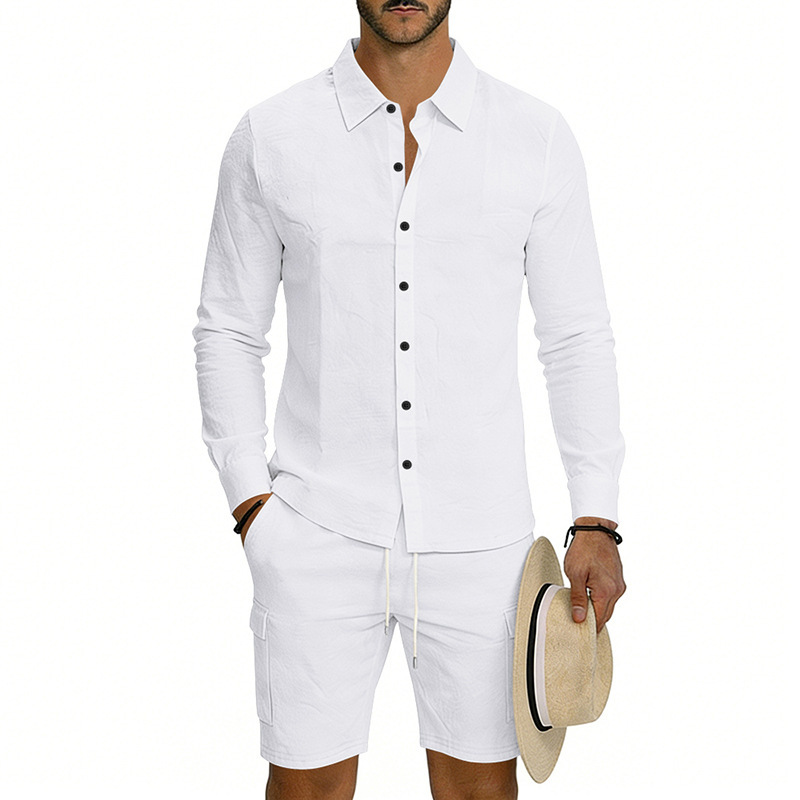 Summer Men's Linen Long Sleeved Shirt Casual Loose Fit Style With Multi Pockets Cargo Shorts Set_viptrois.com