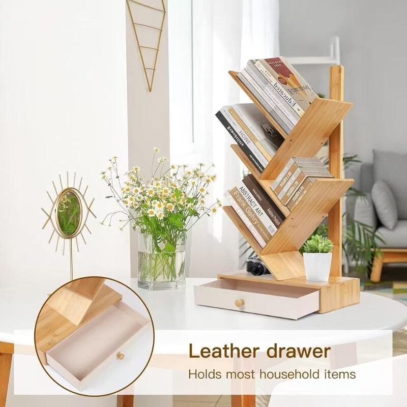 Wooden Desktop Storage Rack with Drawer File Rack Book Storage Rack Study Table Tree-Shaped Bookshelf Magazine Record