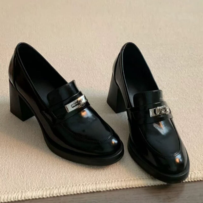 Cowhide Version ~ Round-Toe Retro Metal Lock High-Heeled Loafers, One-Leg Thick-Heeled Flats, British-Style Small Leather Shoes Cowhide Version ~ Round-Toe Retro Metal Lock High-Heeled Loafers, One-Leg Thick-Heeled Flats, British-Style Small Leather Shoes