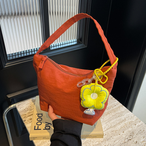 Minimalist solid color armpit bag, soft and waxy one-shoulder small cloth bag, fashionable dumpling bag, ladies shoulder bag, nylon canvas handbag