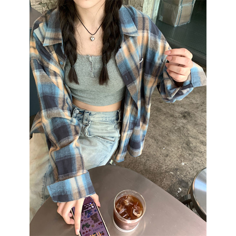 美式复古磨毛格子衬衫女春秋防晒长袖衬衣外套宽松休闲中长款上衣