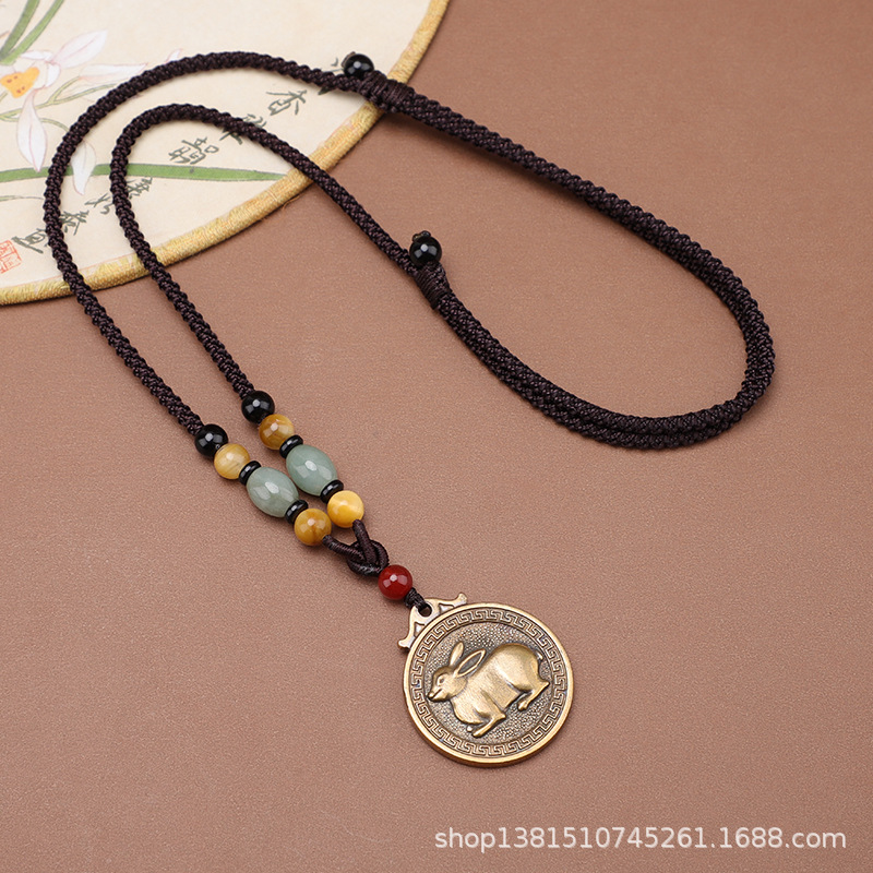 实心黄铜十二生肖福字项链长款吊坠民族风本命年毛衣链平安男女