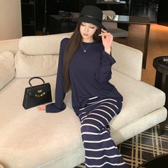 慵懒松驰套装休闲长袖T恤罩衫女夏季条纹半身长裙包臀裙子两件套