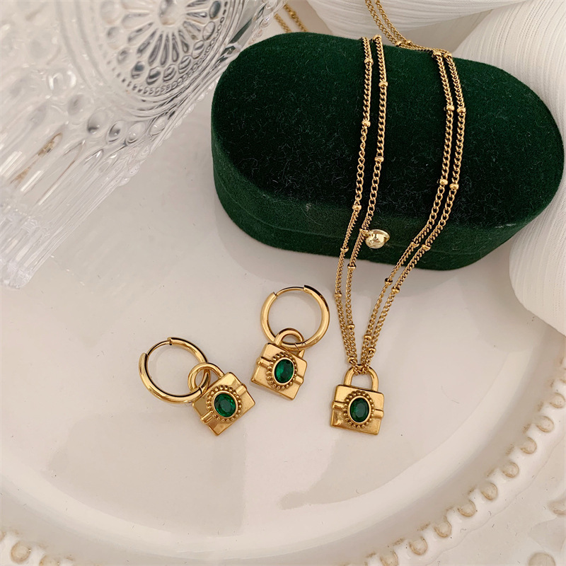 Fashion Lock Titanium Steel Inlay Zircon Womenu0027S Earrings Necklace