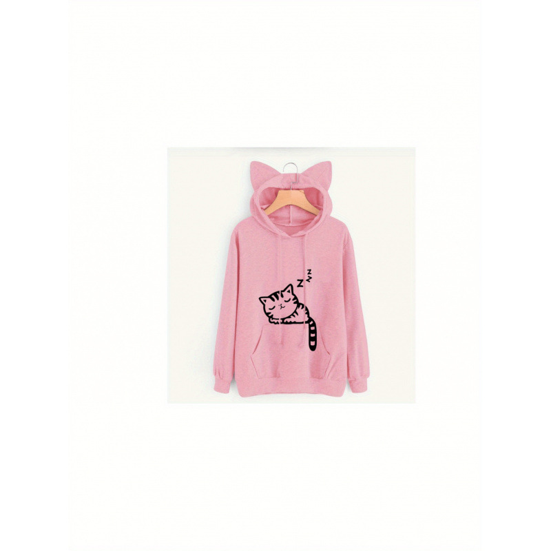 2026 Cross-Border New European and American Style Cute Cat Print Hooded Sweatshirt with Ears - Casual Knitwear