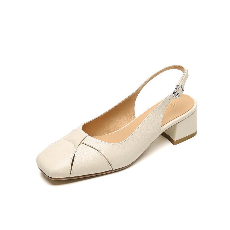 Sandal nữ mũi vuông da cừu hở mũi gót vừa dày — đen