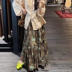在庫あり【芒種】デザイン性の高い春プリントスカート、タイダイ染めAラインスカート、ドレープ感のあるレトロスタイル