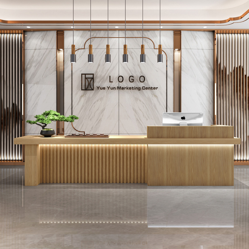 原木色吧台现代中式美容院公司酒店前台接待台茶楼商铺收银台