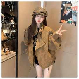 美拉德仿麂皮绒机车服外套女秋季休闲宽松翻领廓形工装夹克上衣