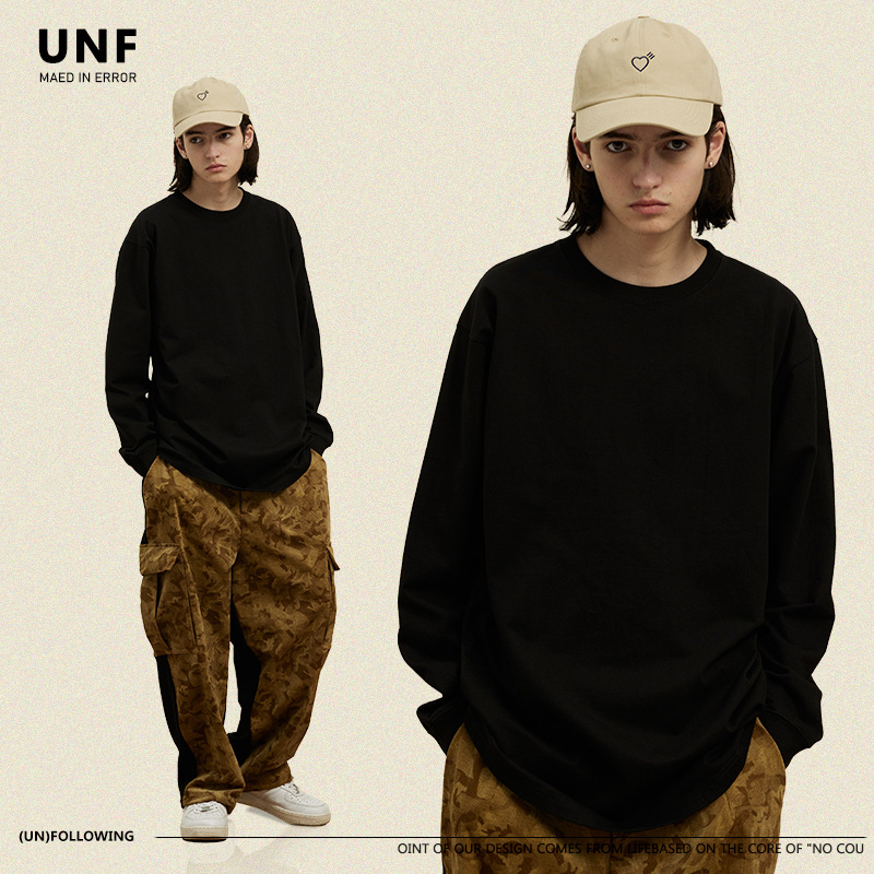 UNF otoño e invierno color sólido 300G algodón pesado suelta camiseta de manga larga básica japonesa para hombres y mujeres marca de moda tee