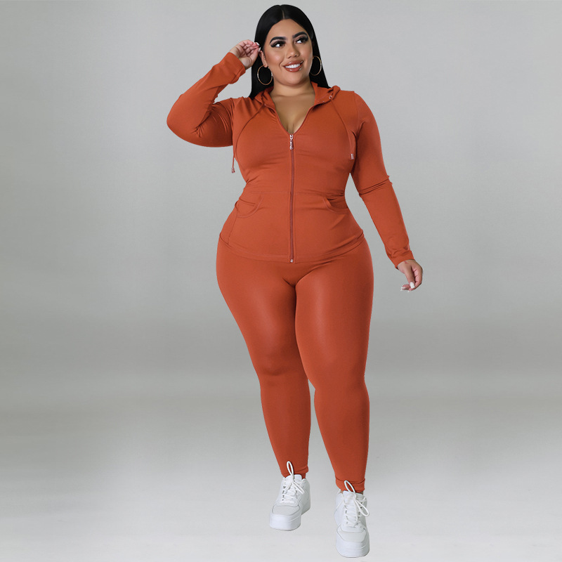 Plus Size Women's Clothing Solid Color Hooded Long Sleeve Fashion Casual Set Autumn Wear_ecoleips.com