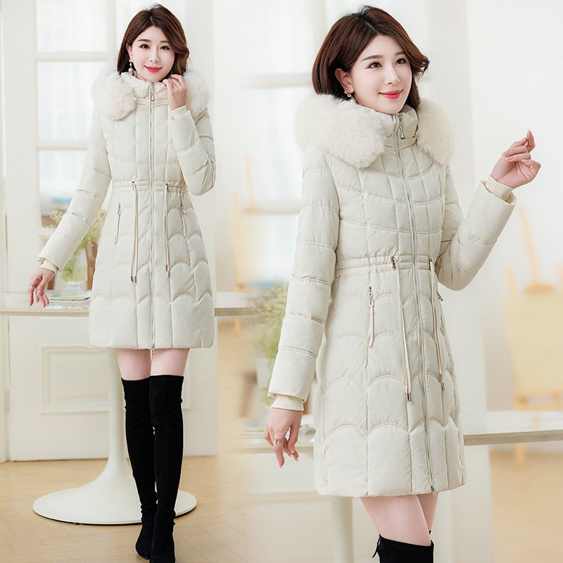 Women's Clothing Women's mid length down jacket winter Korean style slim large fur collar detachable small cotton jacket_voghion.com
