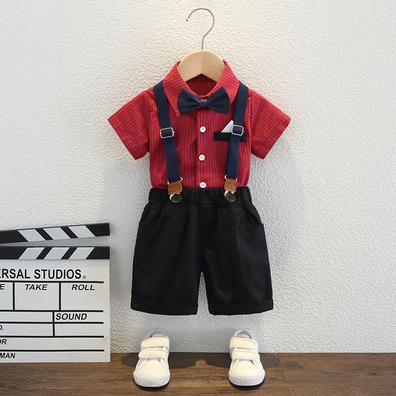 男の子半袖シャツ、サスペンダーショーツ、子供紳士スーツ、夏用子供1歳誕生日ドレス|undefined