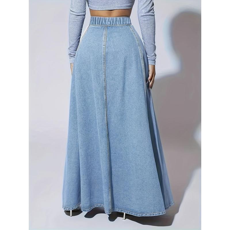 Elegant Washed Denim Skirt High Rise Button Fly A line Maxi|undefined