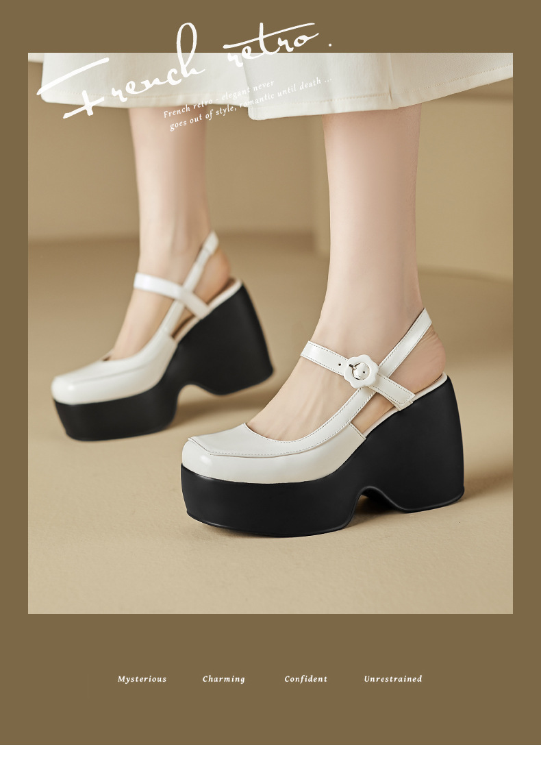 Sandal Mary Jane đế xuồng da thật bít mũi gót cao 9 cm cho nữ — Màu đen, Màu trắng be chi tiết 1