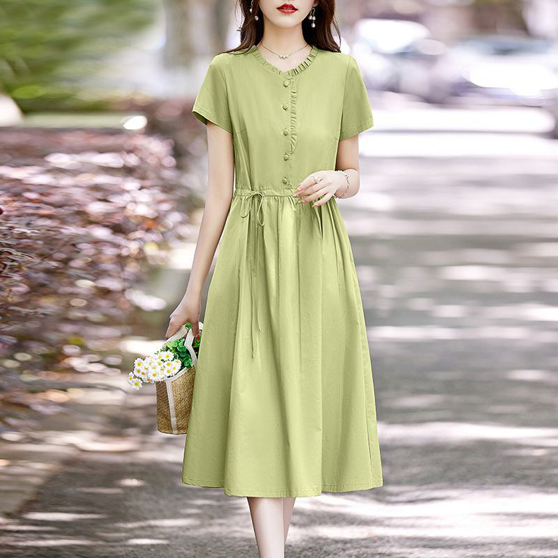 Elegant Cotton and Linen Dress for Women 2024 New Summer Fashion Age-Reducing Waist-Slimming Mid-Length Gentle Style Dress