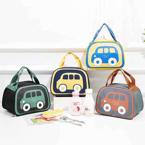 Portable Insulated Lunch Box Bag with Cartoon Car Design for Students - Modern Simple Thickened Handheld Lunch Box Carrier