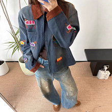 南油高端女装法式复古小马刺绣灯芯绒翻领水洗牛仔夹克拉链外套