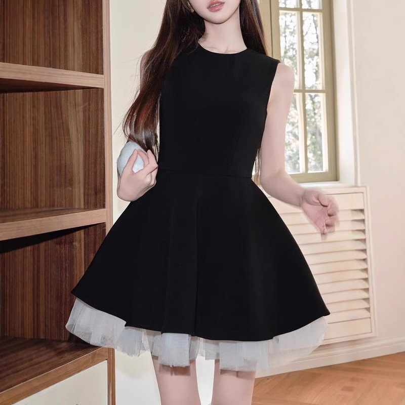 Avenement/Contrast Color Mesh Splicing Sleeveless French Hepburn Dress Elegant Waist Tutu Skirt Ballet Skirt Avenement/Contrast Color Mesh Splicing Sleeveless French Hepburn Dress Elegant Waist Tutu Skirt Ballet Skirt