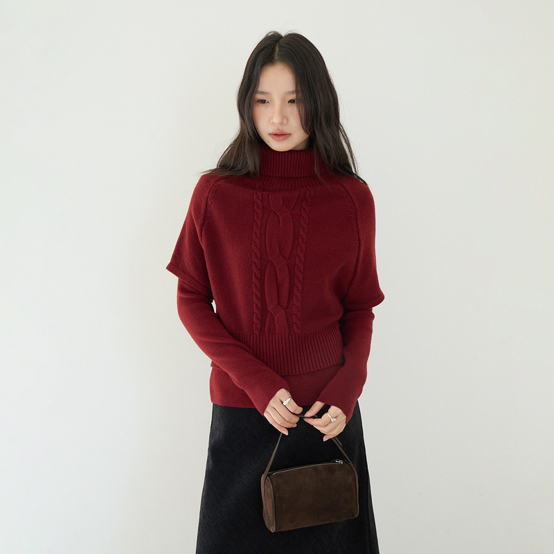 [Oufan] Spring Festival Atmosphere High-Neck Braided Short-Sleeve Blouse + Knitted Base Shirt Two-Piece Set for Women 11141