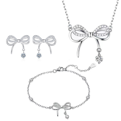 Butterfly Dream Smart Bow Pendant Necklace Women's Niche Light Zircon Earrings Bracelet Three-piece Set Decoration Women's Fashion