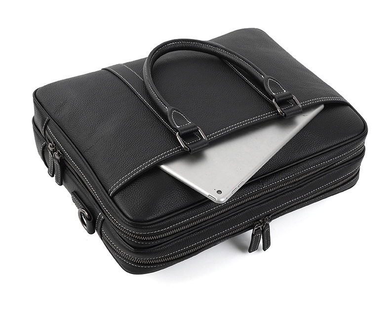 Cặp công sở da bò lớp đầu khóa kéo đôi, túi xách tay nam đựng laptop 14 inch dung lượng lớn, có dây đeo vai 38×11×28 cm — đen chi tiết 10