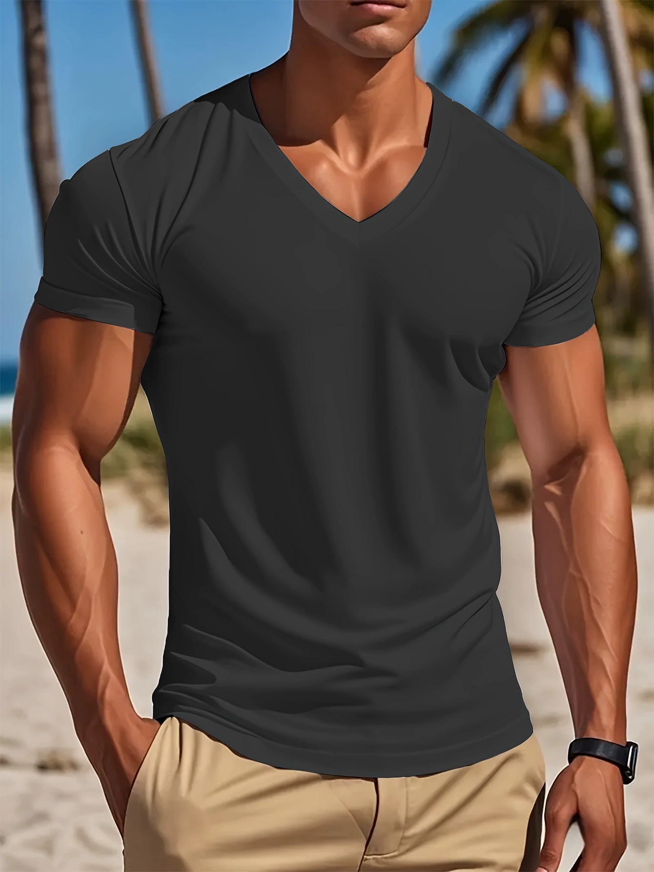 Men's Summer V-Neck T-Shirt - Sleek Black, Lightweight Knit