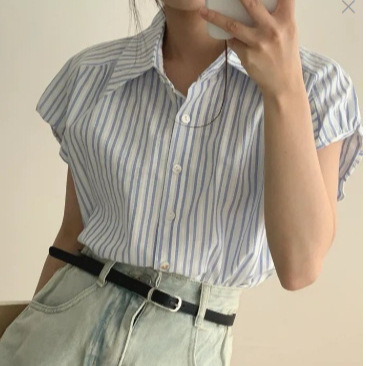 French Sweet Bubble Sleeve Striped Design Women's 2025 Summer New Soft Style Elegant Sun Protection Shirt