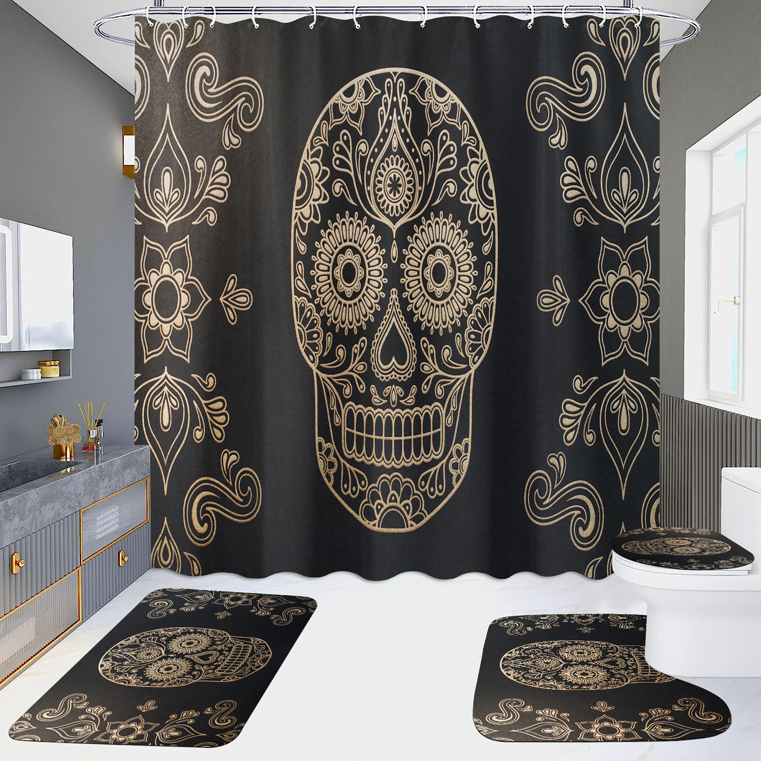 Cortina de ducha de suministro directo transfronterizo conjunto de cuatro piezas hd impermeable sin perforaciones baño hotel baño partición cortina wansheng cráneo